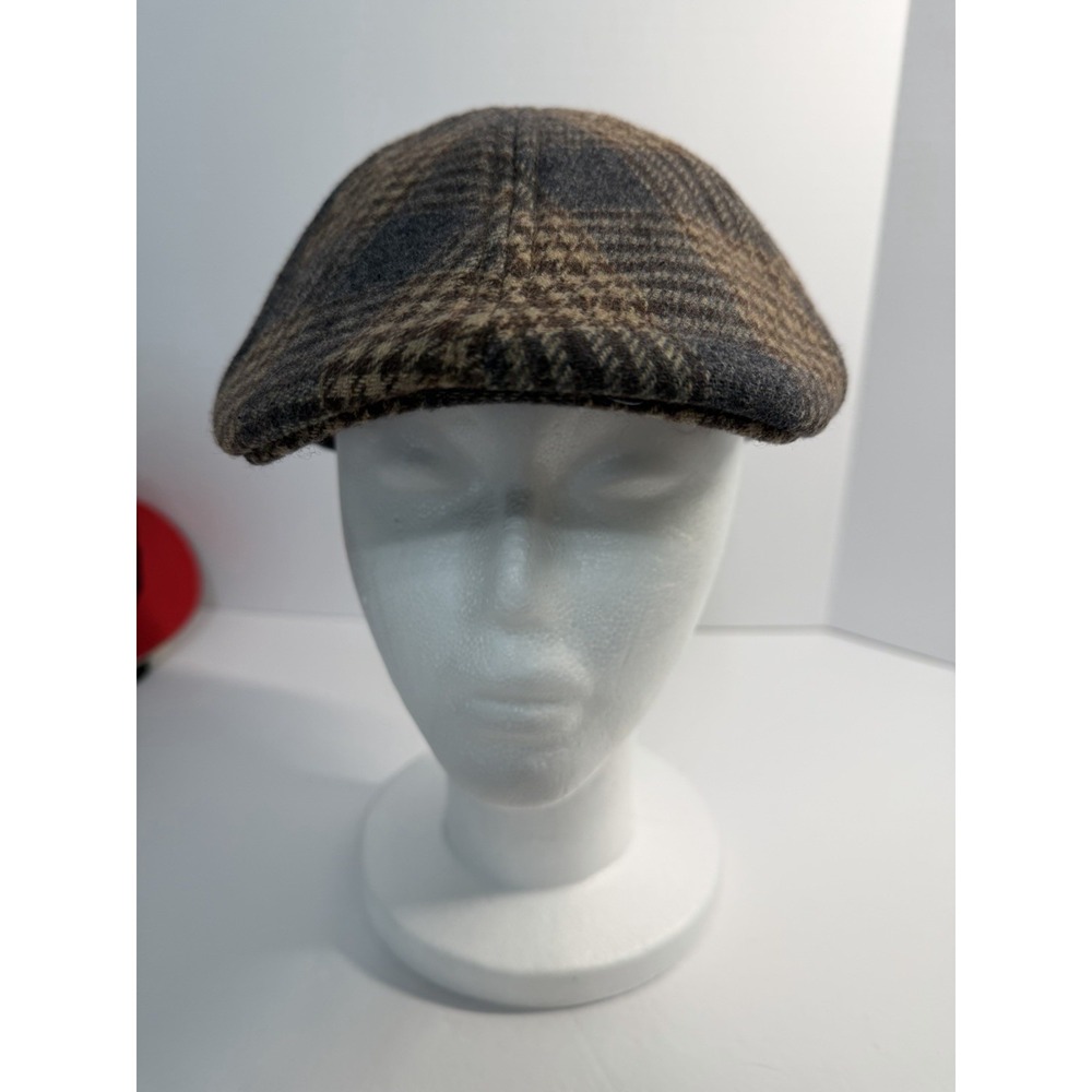 Hats In The Belfry Mens Flat Cap Medium Brown Plaid Wool Blend Retro Cabbie Hat